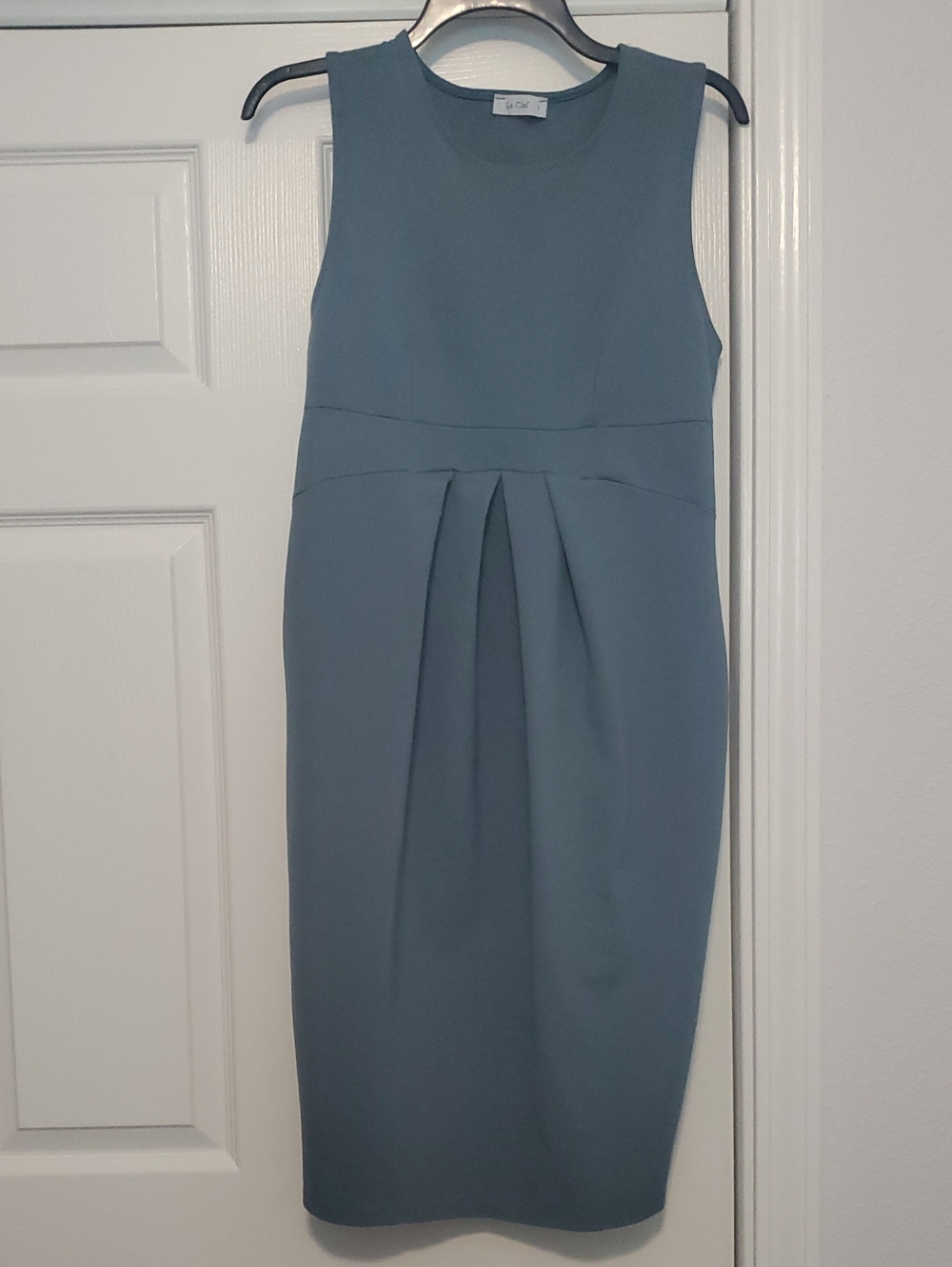 LaClef Maternity Sleeveless Midi Sheath Dress in Blue-Green L Made In USA